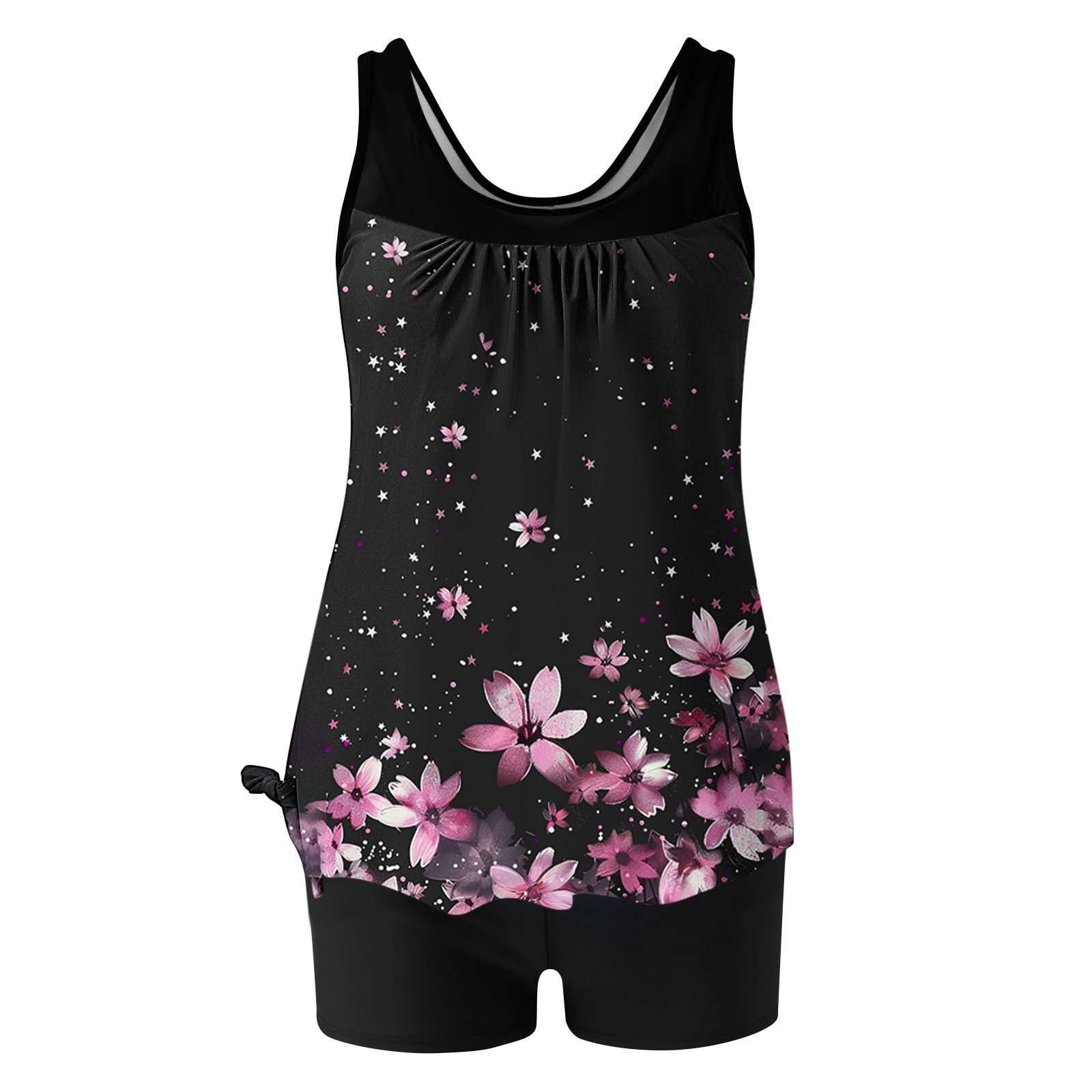 Jsaierl 2 Piece Tankini Bathing Suits for Women Blouson Swim Tops Summer Print Swimwear Loose Fit Cute Tankini Tops with Swim Shorts Tankini Swimsuits Plus Size