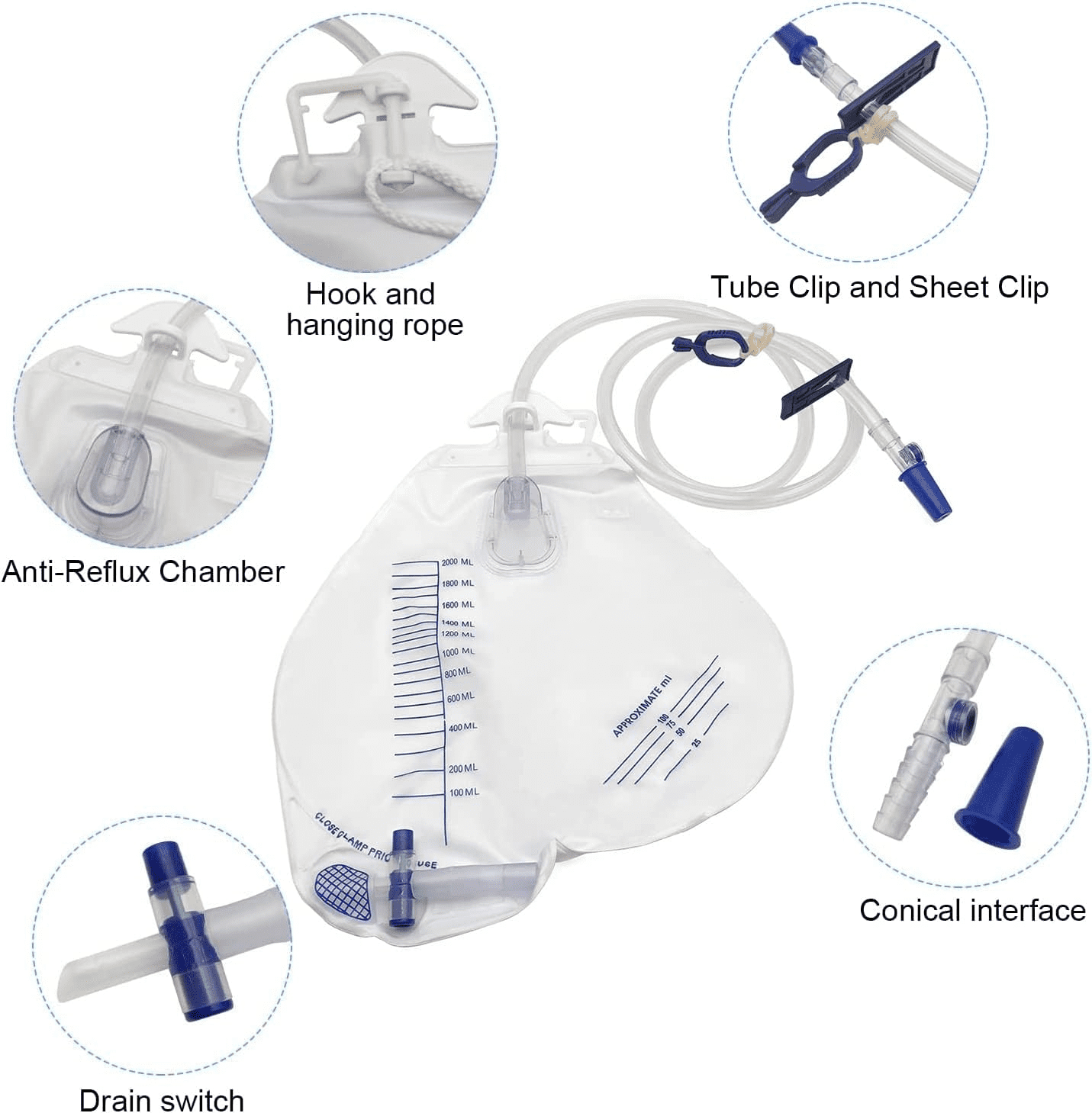 Urinary Drainage Bag with Anti-Reflux Chamber, Urine Bag with 2000 mL Volume,Professional Urinary Bag for Home and Hospitals Health Aids, 5 Pack