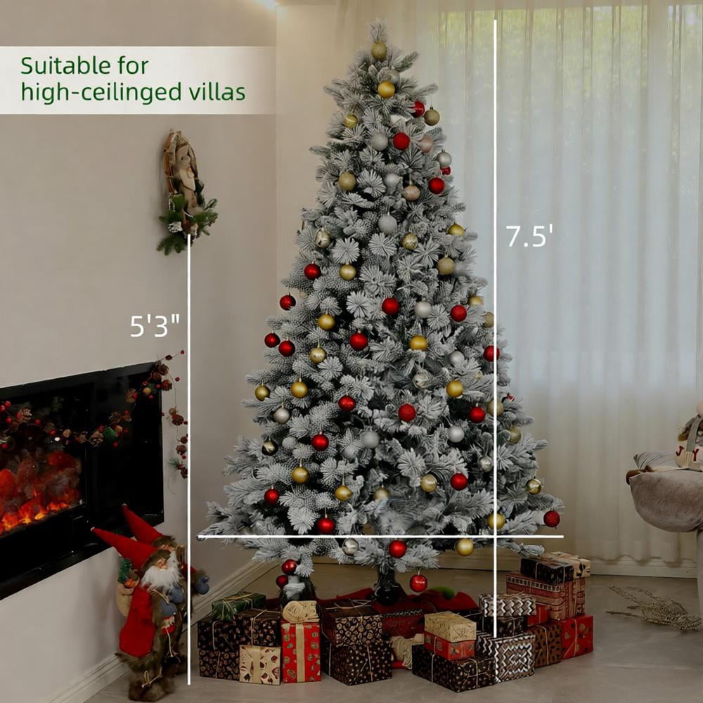 7.5ft Prelit Snow Flocked Christmas Tree with 500 Clear Lights 1530 Tips Auto-Open Branches Indoor Decor