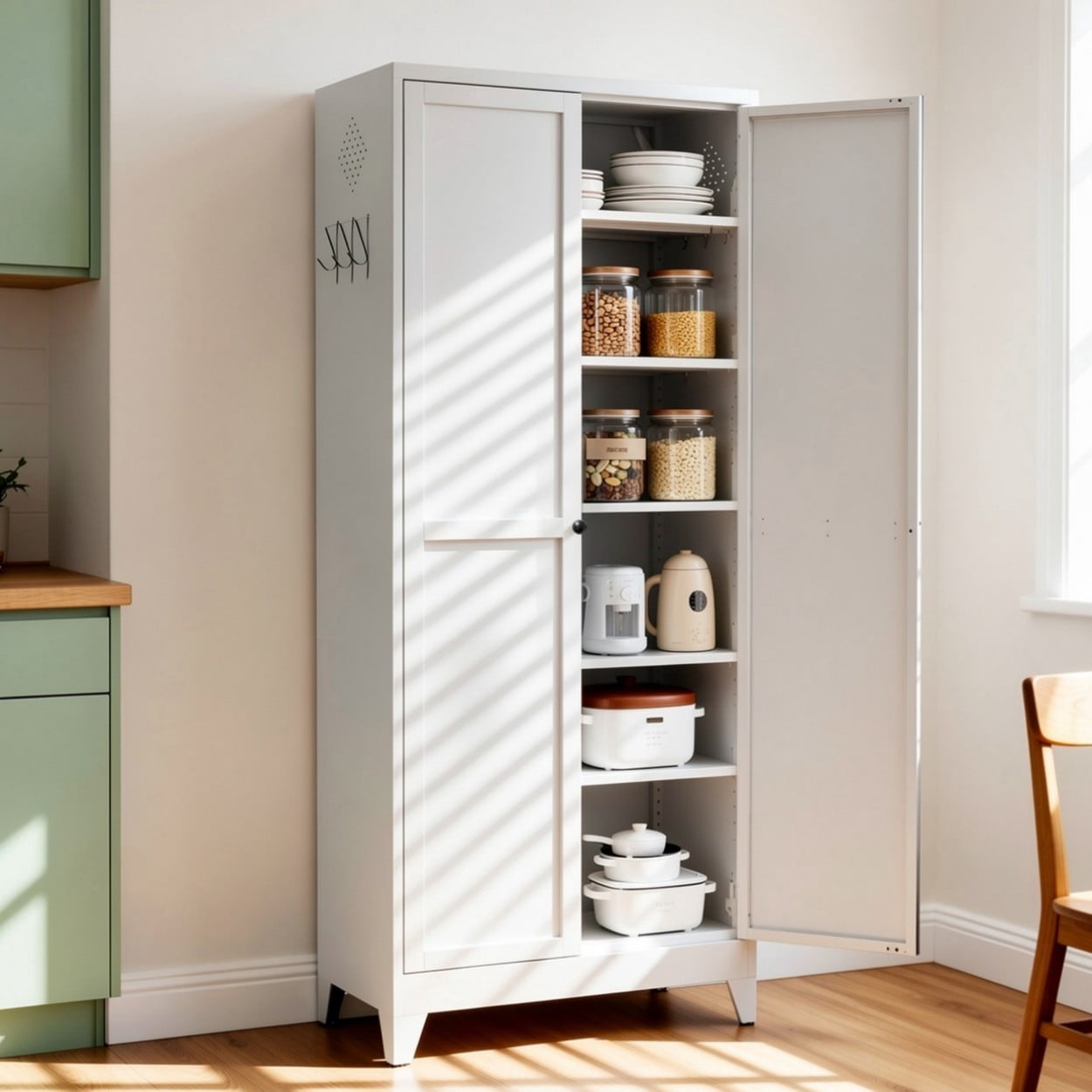 75" Metal Kitchen Pantry Cabinet with Doors, Heavy Duty Freestanding Storage Organizer, 5 Adjustable Shelves, 180 LBS Capacity Steel Cabinet for Kitchen Dining Room Pantry, White