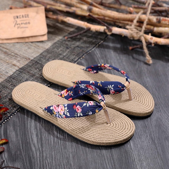 Zapatos de mujer, chanclas florales de verano, sandalias de playa, tangas, zapatillas, sandalias de cuerda de cáñamo de imitación, chanclas de viaje de fondo plano Wmkox8yii ytu6798