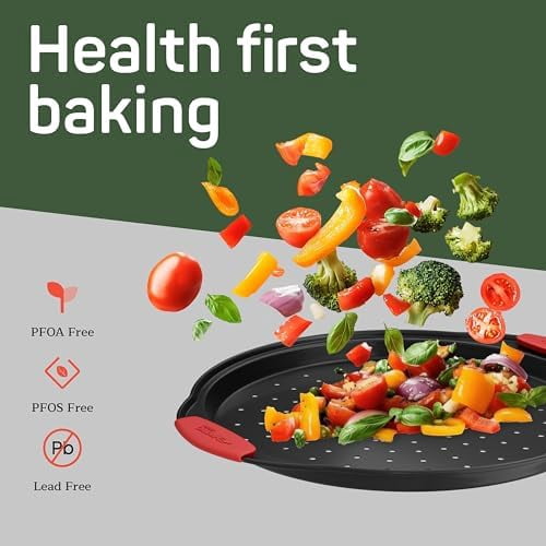 Nonstick Pizza Pan Set with Silicone Handles, Round Carbon Steel Tray 1 Pack 13-Inch with Perforated Holes, Oven & Dishwasher Safe Gray