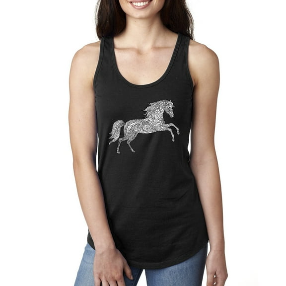 Black and White Mosaic Retro Mandala Wild Horse Animal Lover Ladies Racerback Tank Top, Black, Small