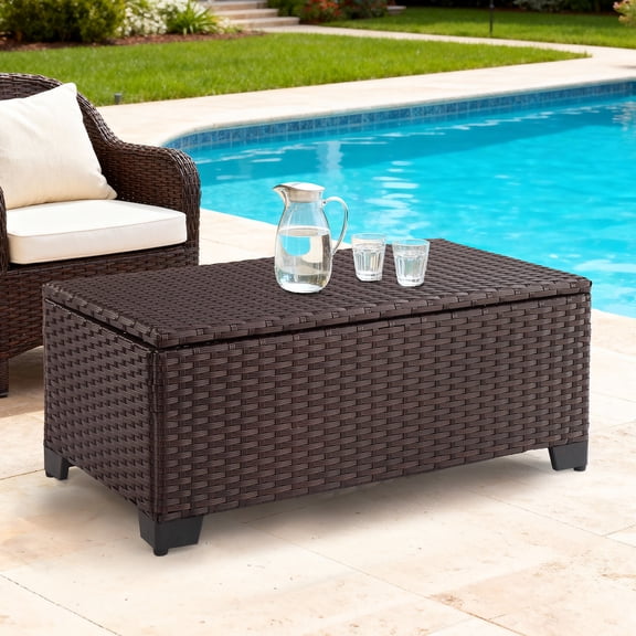 Ktaxon 2-in-1 Wicker Storage Table, Patio Coffee Table & Deck Box, 39.4x21.7x16.1in, Brown