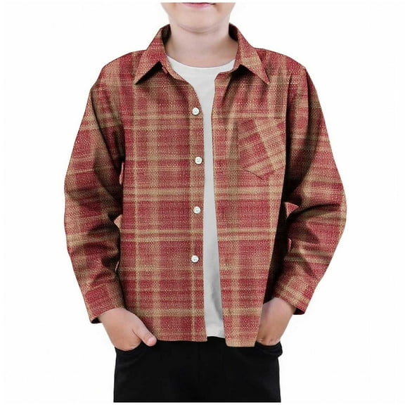NAISIBABY Boys Long Sleeve Shirt(3-9T), Button-Up with Pocket Lapel Checked Fall Casual Fashion Tops Watermelon Red 7T