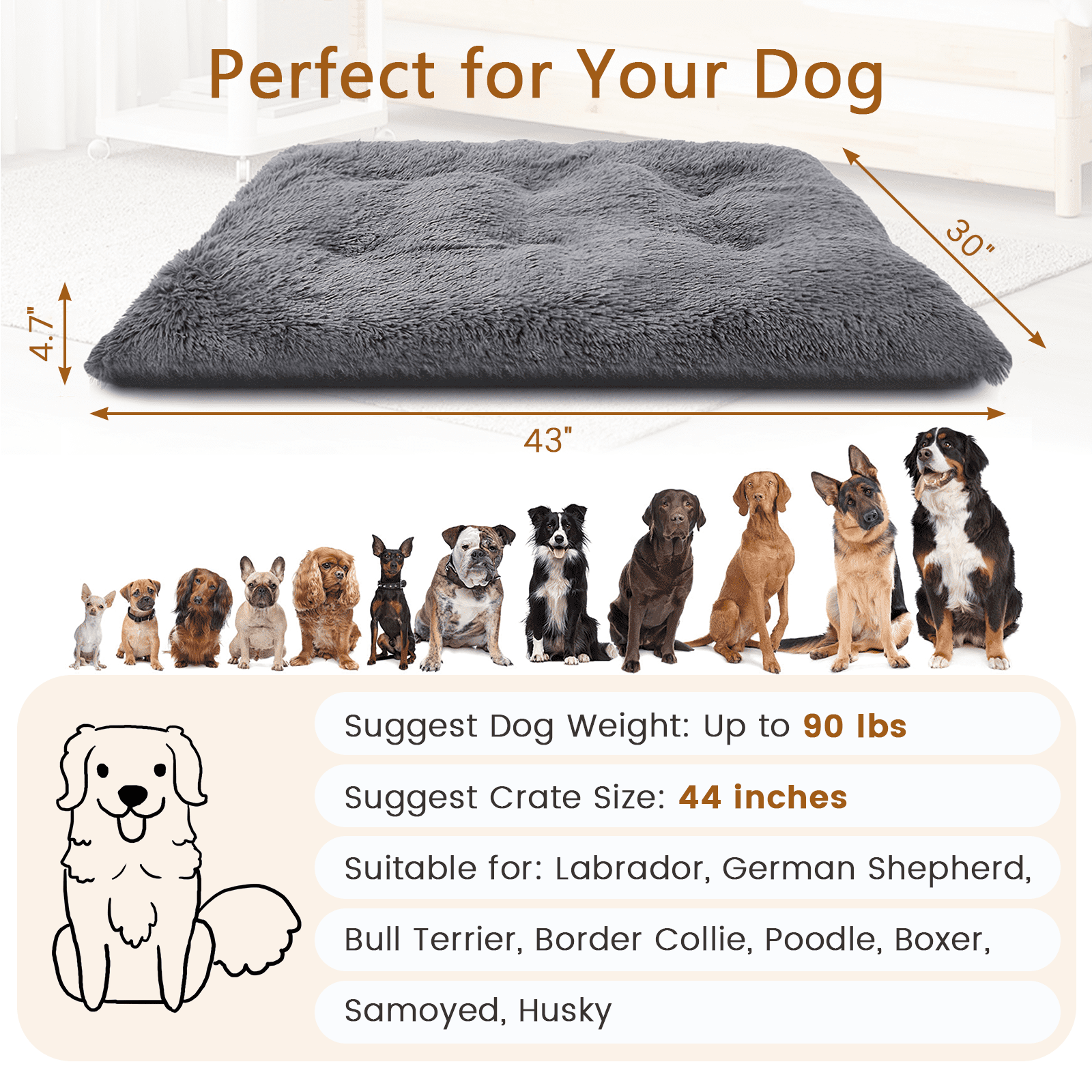 CshidWorld Large Dog Bed, Plush Dog Cage Bed with Non-Slip Bottom, Washable Dog Mat for Large and Medium Dogs, Supports up to 90 lbs, 43 x 30 Inches, Gray