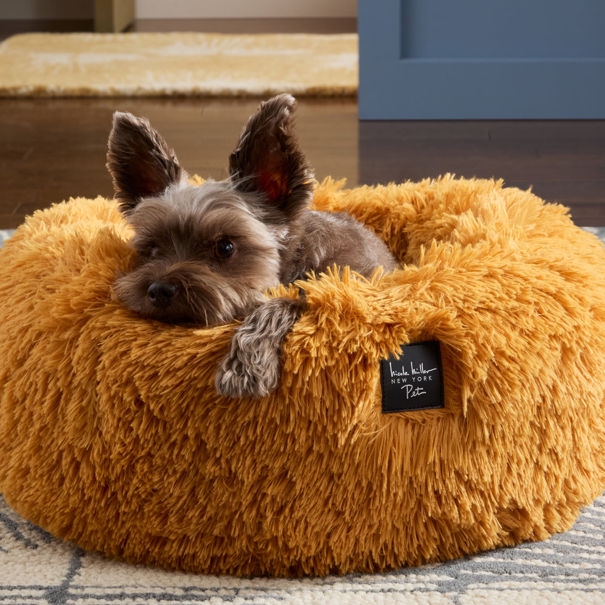 NICOLE MILLER NEW YORK PET Ellie Fuzzy Solid Donut Pet Bed, Plush, Cozy & Calming, Water Repellent, Non-Slip Bottom, 100% Machine Washable, Gold, Small 24"x24"x7" Round