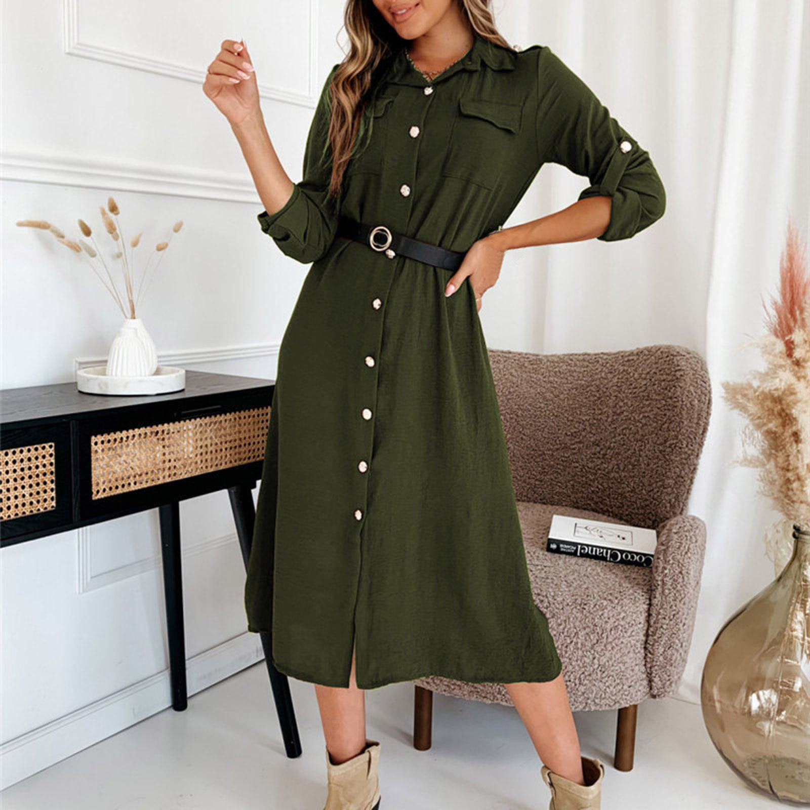ZXHACSJ Long Skirt Solid Color Cardigan Long Sleeve Dress V-Neck Shirt Slim  Dress For Women Army Green M