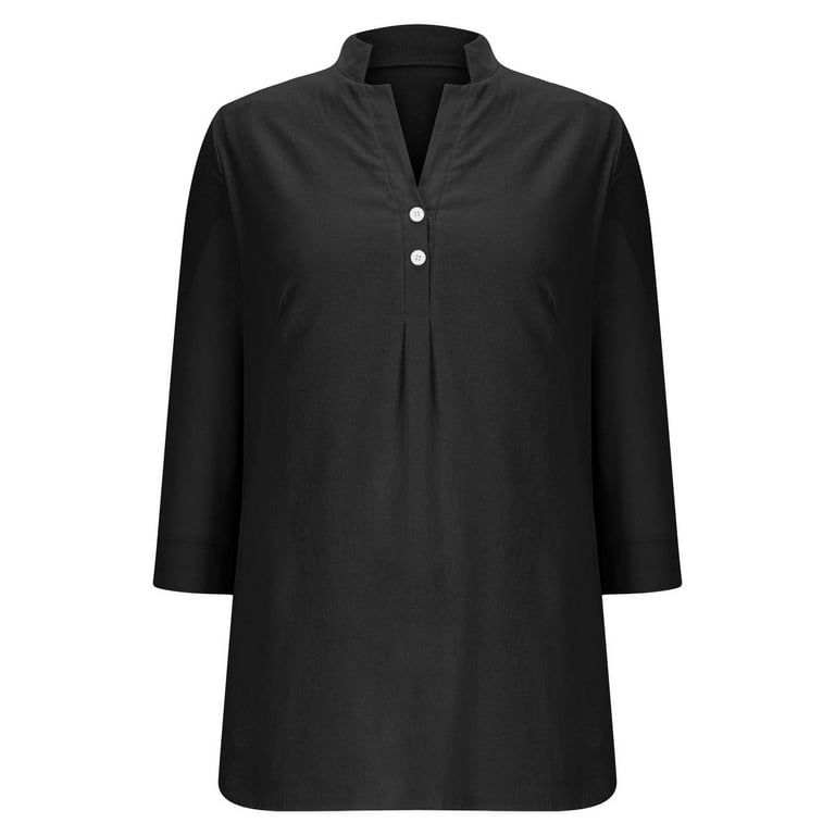 Wyobmus Women's 3/4 Length Sleeve Linen Shirts Summer Casual Mock