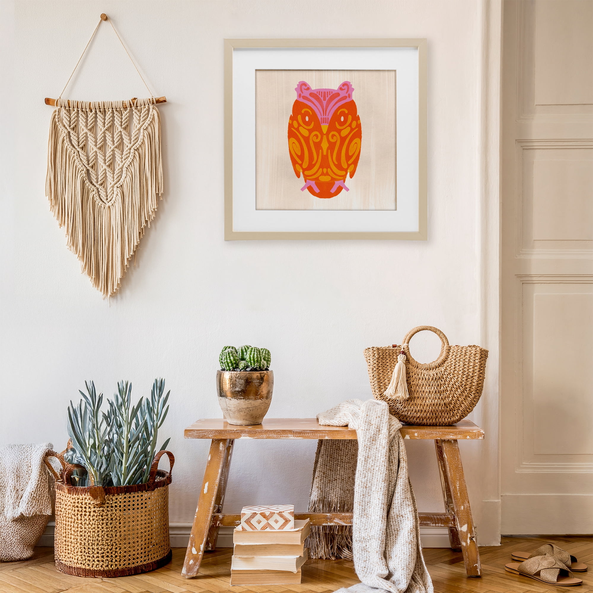 Stupell Industries Vibrant Folk Owl Motif Birch Framed Print Under Glass, design by The Paper Curator