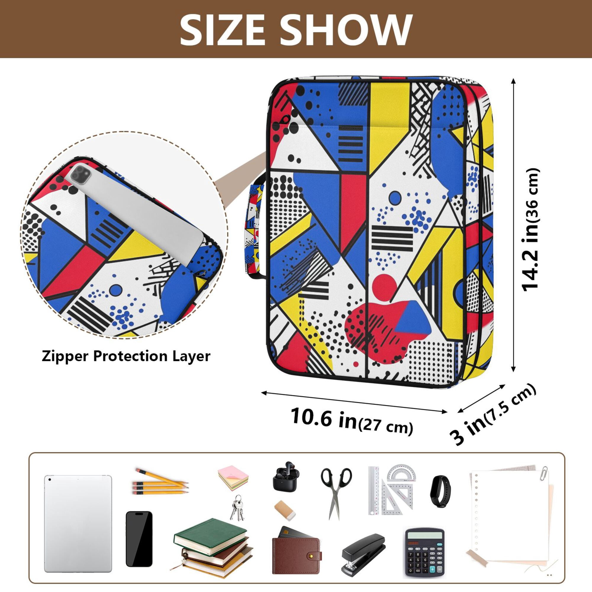 FORMRS Accordion File Folder A4 Size 7-Pocket Expanding Document Organizer Bag with 3 Ring Binder, Yelllow Simple Shapes