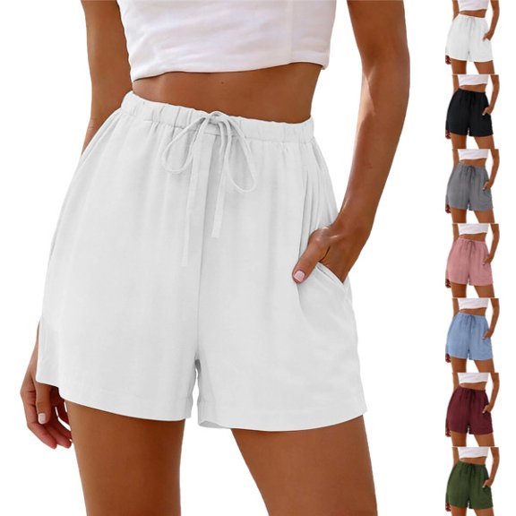 Bermuda Shorts for Women High Waisted Elastic Drawstring Shorts Casual Loose Cute Beach Vacation Wide Leg Pants White XL