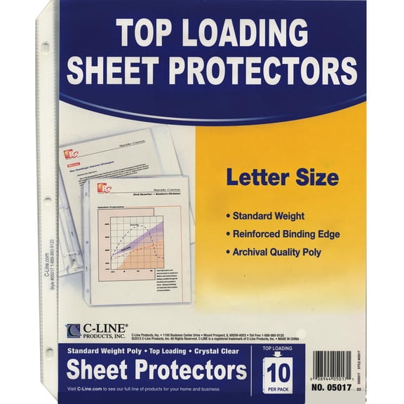 C-Line, CLI05017, Standard Weight Poly Sheet Protectors, 10 / Pack, Clear
