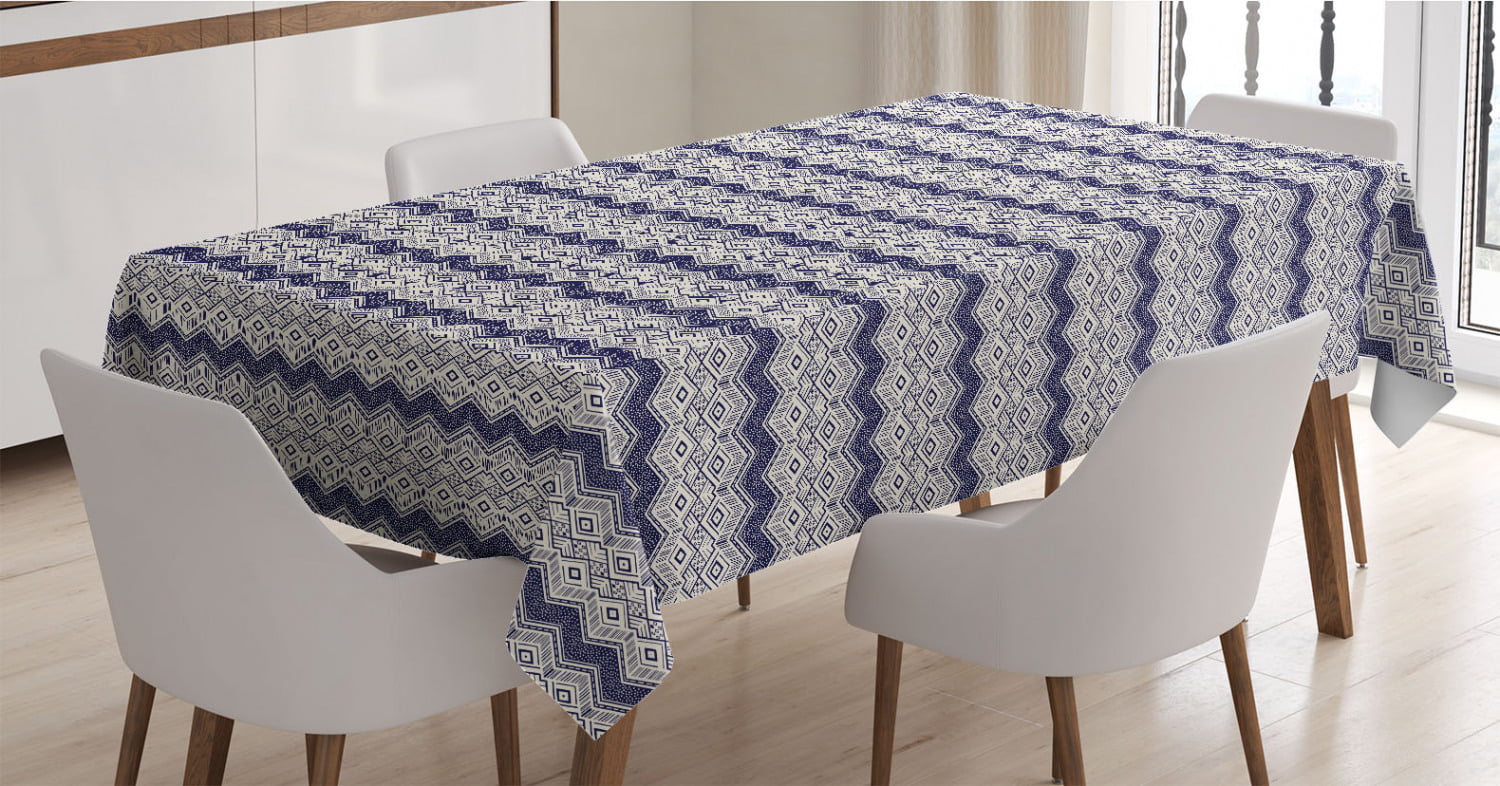 Rectangle Satin Table Cover Accent for Dining Room and Kitchen 52 X 70 Indigo and Ivory Monochromatic Pattern of Zigzags Dots and Rhombuses in Aztec Style Ambesonne Vintage Tribal Tablecloth