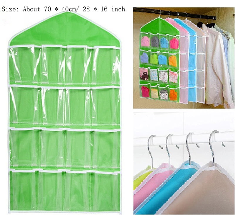 Clear 16Pockets Hanging Bag Socks Bra Underwear Rack Hanger Storage Organizer 
