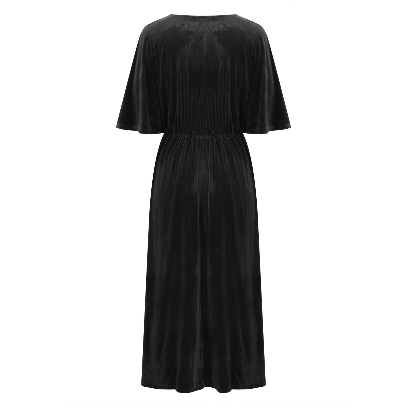 Women's Velvet Dresses Round Neck Bell Sleeve T-Shirt Dress High Split Elastic Waist Solid Dressy Dress Cocktail Party Wedding Midi Dress Black,XL