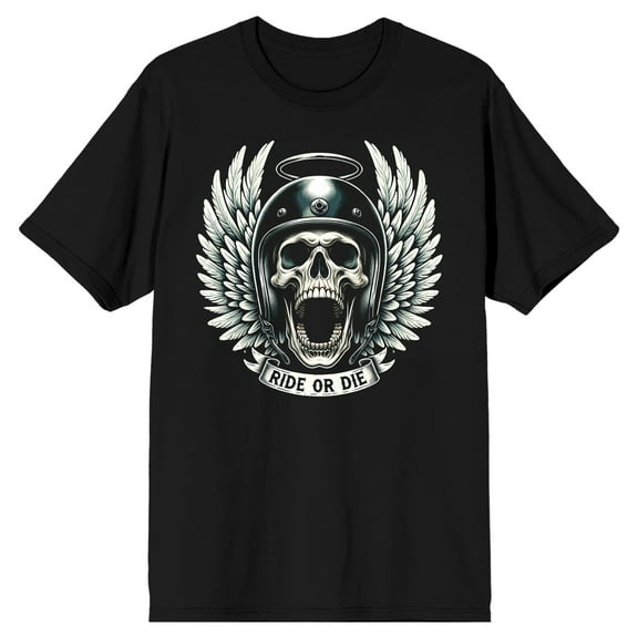 Skull with Wings and Halo Ride or Die Helmet on Black Short Sleeve Adult T-Shirt-Small