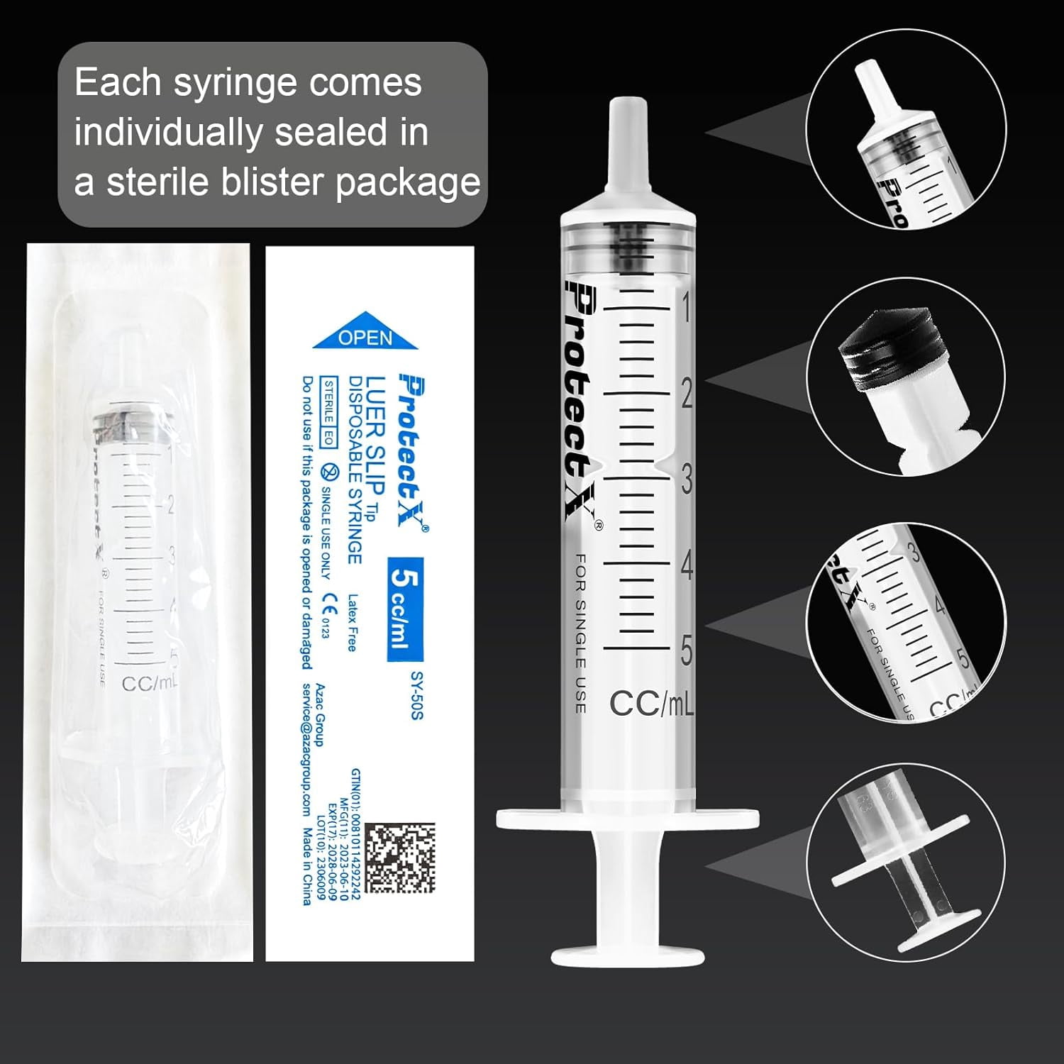 ProtectX 100 Pack 5ml Disposable Luer Slip Sterile Syringe, Individually Sealed, Smooth and Accurate Dispensing for Science Labs