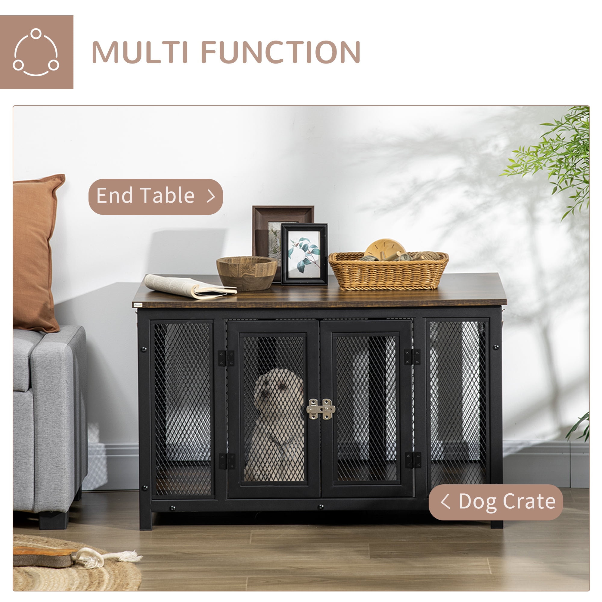 Dog Bed PawHut Furniture Style Dog Crate with Openable Top, Big Dog Crate End Table, Puppy Crate for Small Dogs Indoor, Spacious Interior, Pet Kennel, Brown, Black,Large Dog Bed