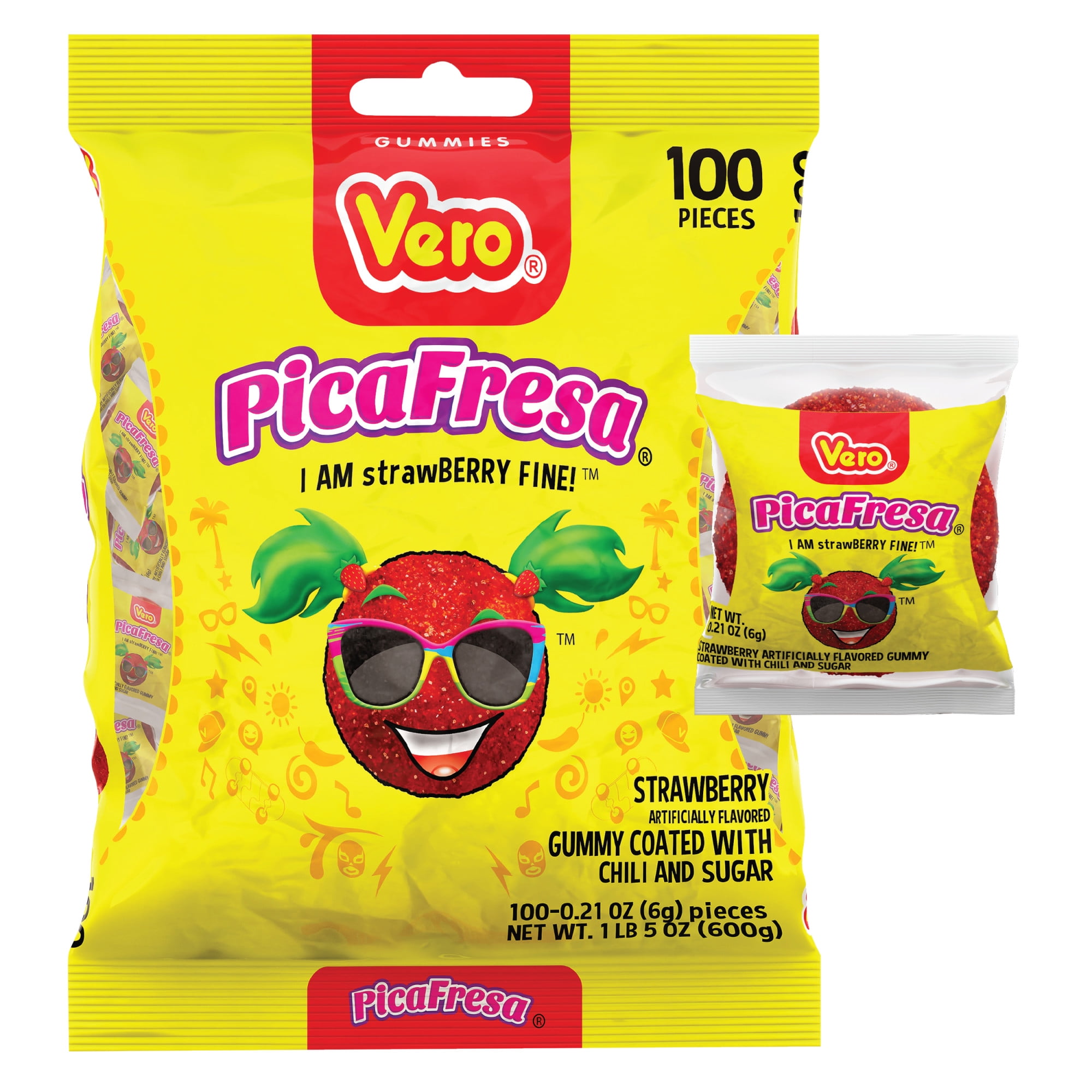 Vero Picafresa Strawberry Gummies with Chili Pepper Powder, 0.21 oz, 100 Count Bag