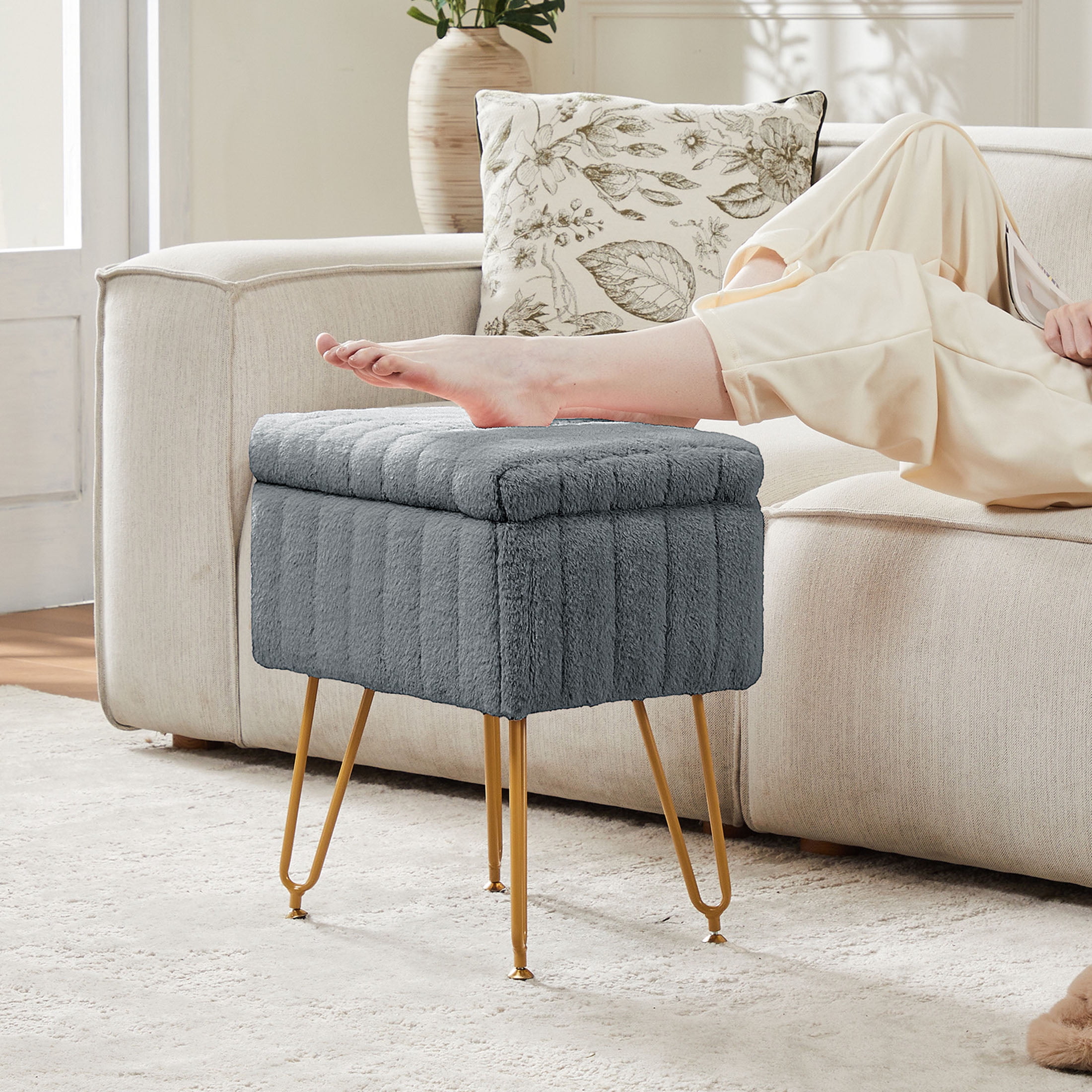CONCETTA Footstools Ottoman Storage Bench, Vanity Faux Fur Padded Chair with Storage and Adjustable Feet for Makeup Bedroom Entryway, Grey