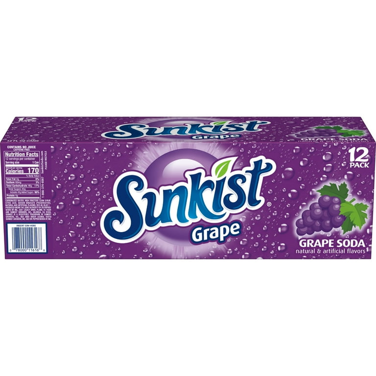 Sunkist Caffeine Free Grape Soda, 12 fl oz Cans, 12 Pack