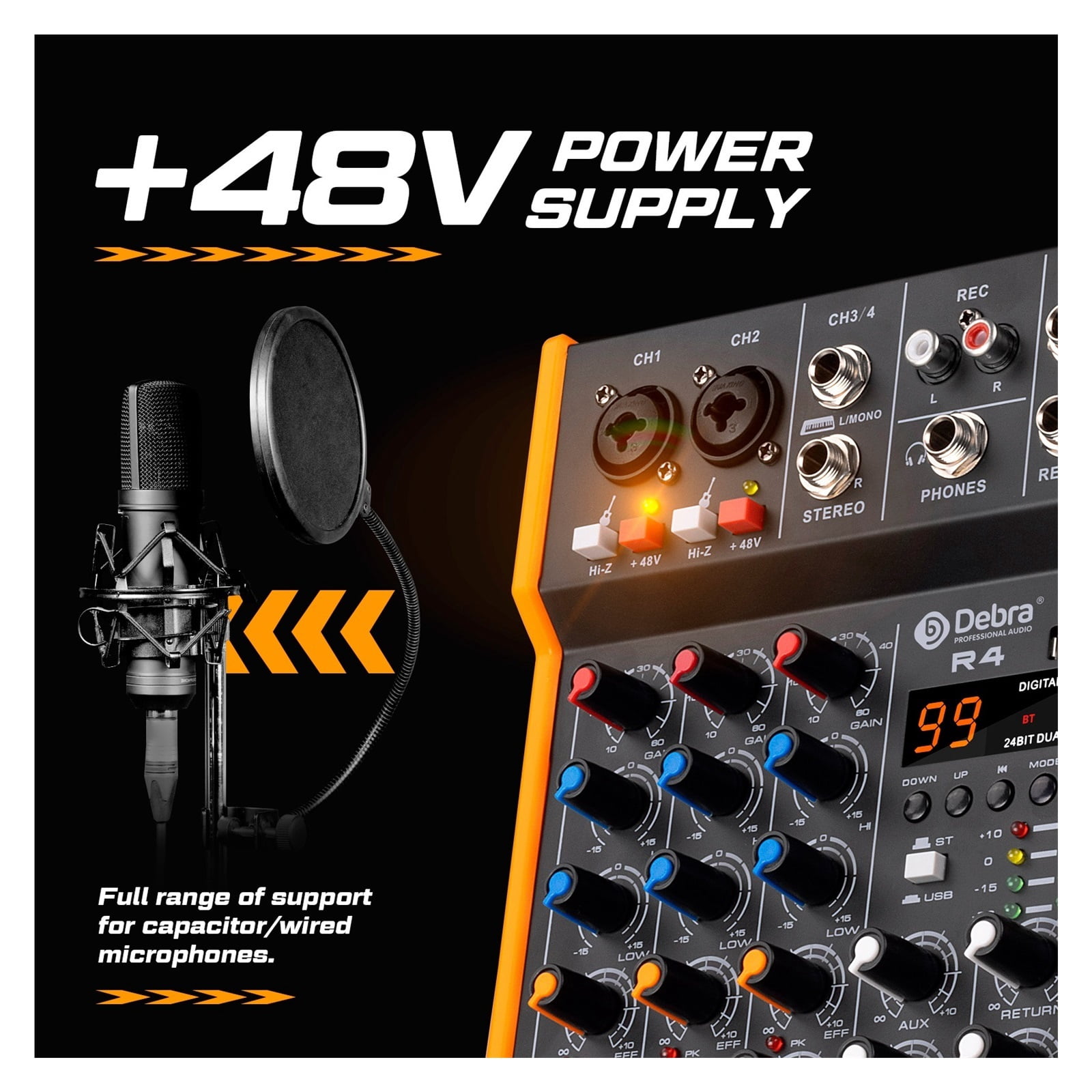 OTG Metal Mixer DJ Console Mini4 With Bluetooth 48V Power Delay Repaeat Effect For Sound Mixing Console PC Recording ,Easy to Operate