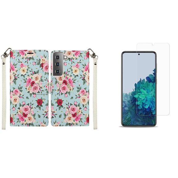 Bemz Pocket Wallet Case for Samsung Galaxy S21 with (2 Pack) Tempered Glass Screen Protectors and Touch Tool - Sky Blue Floral
