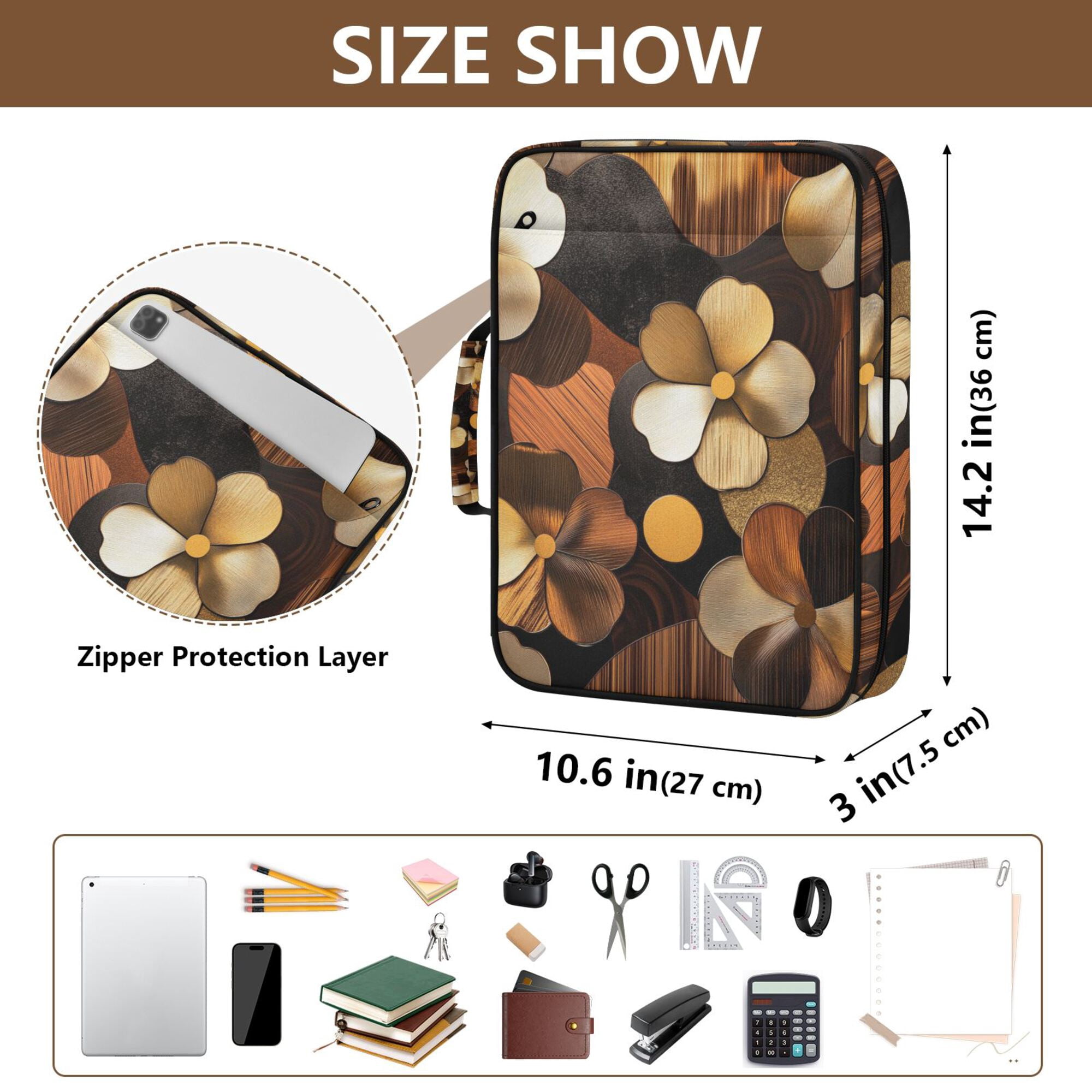 FORMRS Accordion File Folder A4 Size 7-Pocket Expanding Document Organizer Bag with 3 Ring Binder, Gold Flower
