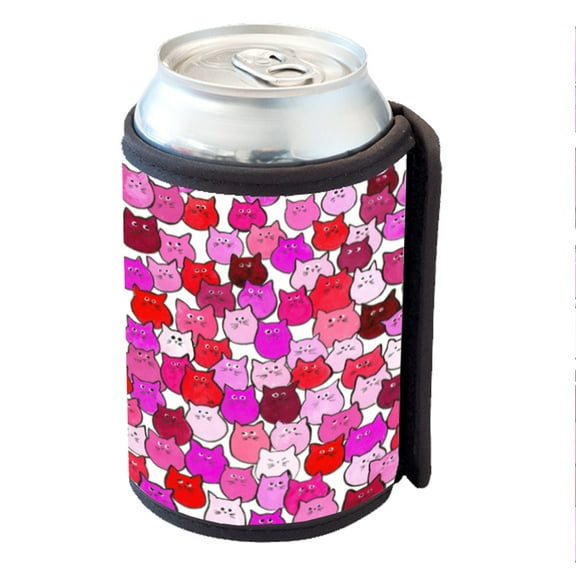 KuzmarK Insulated Drink Can Cooler Hugger - Very Hot Pink and Orange Chubby Kitties Art by Denise Every