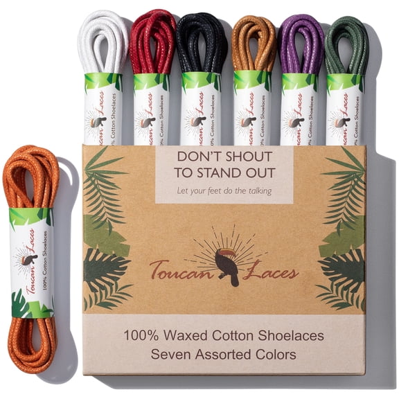 Dress Shoe Laces for Men in (7 Pairs) of Round Waxed Shoelaces – 100% Cotton – Green Shoe Laces, Tan Shoe Laces, White Shoe Laces, Blue Shoe Laces, Red Shoe Laces, Orange, and Purple Laces