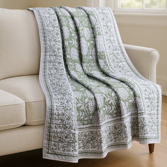 Levtex Home Adare Sage Quilted Throw - (50x60in.) - Floral - Sage White - Reversible - Cotton