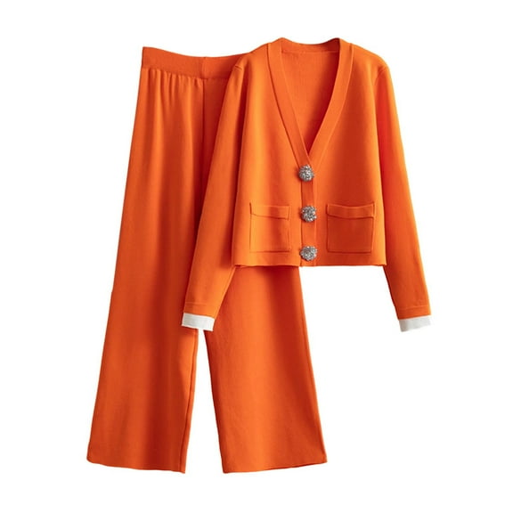 Levmjia Womens Casual Two Piece Set Long Sleeve V Neck Knitted Solid Color Pocket Button Top And Elastic Waists Pants Soft Outfit For Home Daily Wear Comfortable Winter Fall