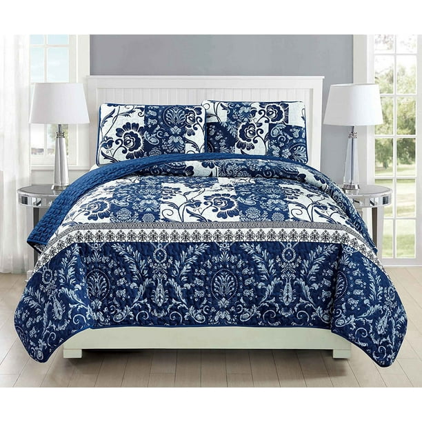Fancy Linen 3pc Bedspread Coverlet Quilted Floral White Navy Blue Over Size New 186 Full Queen Walmart Com Walmart Com