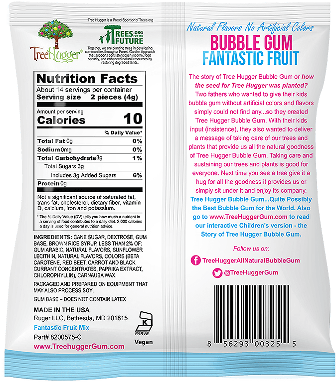Pack of 12, Tree Hugger Fantastic Fruit Bubble Gum, 2 oz