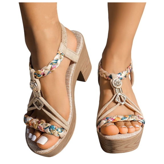 Rokment Womens Platform Slingback Dress Sandals 2026 Beach Summer Boho Braided Gemstones Chunky Block High Heel Linen Sandals Beige Size 5