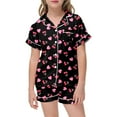 thumbnail image 4 of ZHOGXU Big Kids Girls Pajama Sets Short Sleeve Lapel Cute Cherry And Heart Print Top And Shorts Satin Sleepwear Comfortable Two Piece Outfits For Daily Wear Black 2-3 Years, 4 of 5