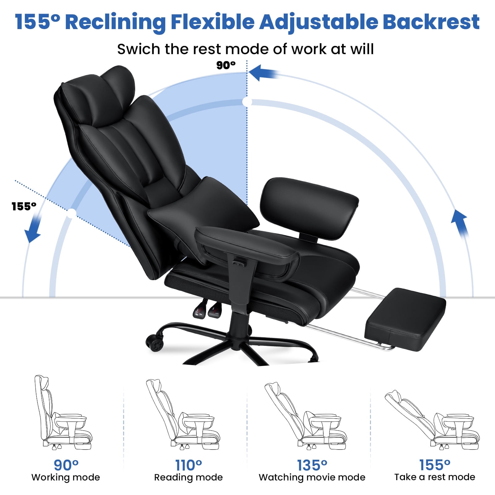 Hoffree Big and Tall Office Chair 450lbs, Executive Computer Desk Chair with Massage Ergonomic  Leather Chair with Footrest Reclining Desk Office Chair with Lumbar Support for Home Office