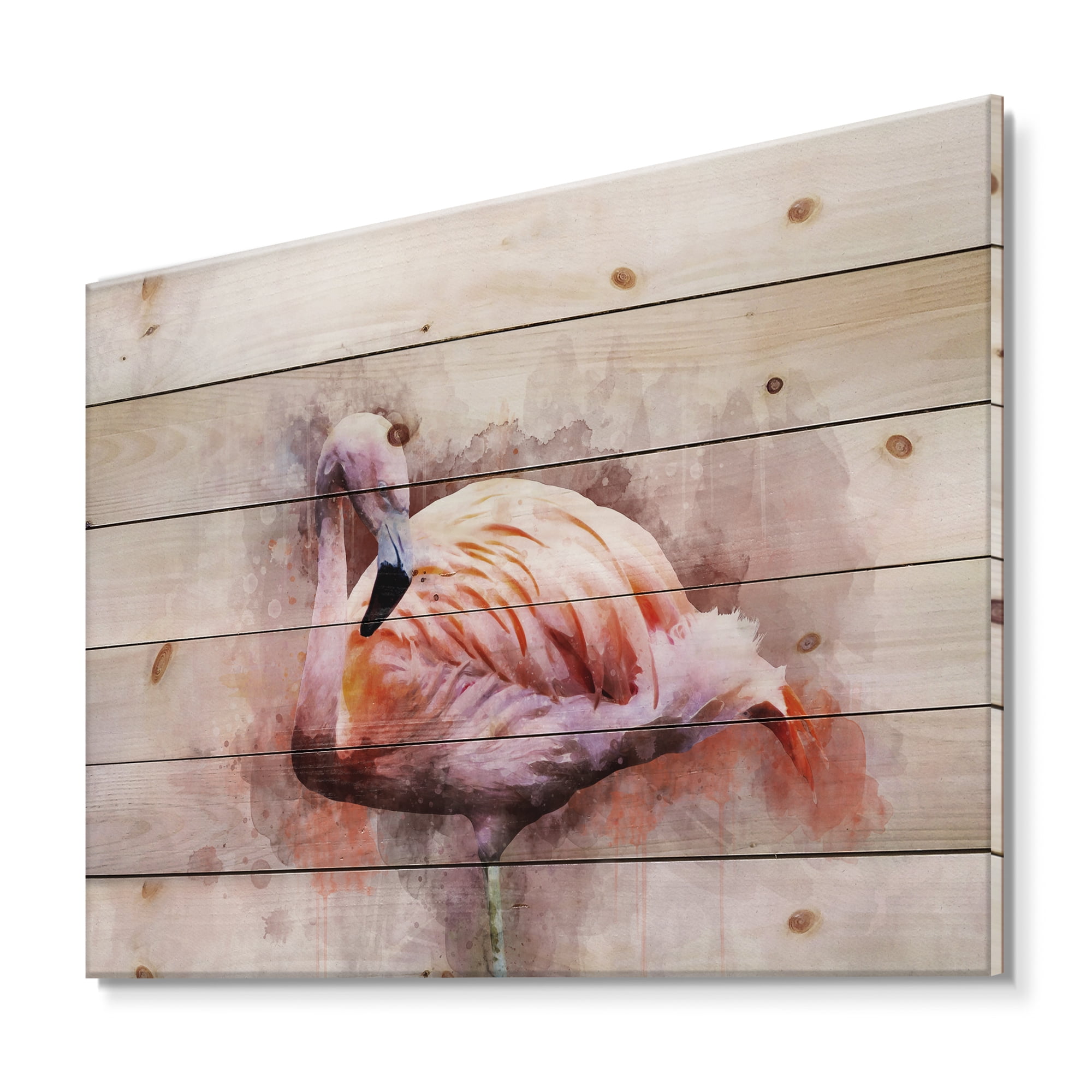 Designart 'Abstract Portrait of Pink Flamingo III' Farmhouse Print on Natural Pine Wood