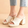 thumbnail image 2 of FSJ Women Studded Low Platform Mules Square Open Toe Chunky Heel Slip On Dress Slide Sandals Comfort Shoes Size 10.5 Beige, 2 of 4