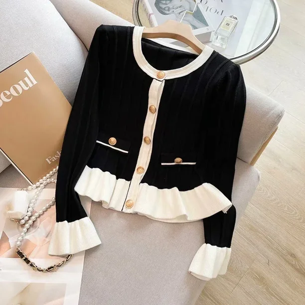 Cárdigan dulce para Mujer, ropa con cuello redondo, túnica de manga acampanada, suéter de punto Vintage con volantes, abrigo, jersey coreano para Mujer