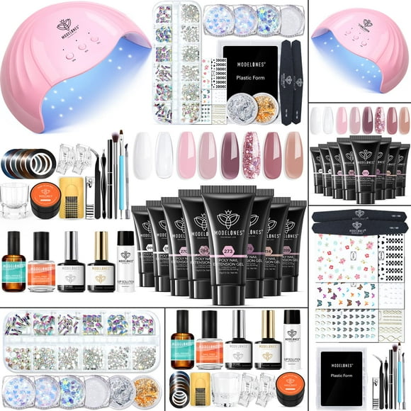 Modelones Poly Nail Gel Kit 8 Rosy Pink Colors with 48W LED Nail Lamp Poly Extension Gel Complete Nail Art Tools Professional Starter Manicure Kit Su