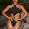 thumbnail image 2 of KaLI_store Womens Swimsuits Women's V Neck One Piece Tummy Control Swimsuit Cheeky Tie Side High Cut Bathing Suit Ribbed Swimwear Black,M, 2 of 5