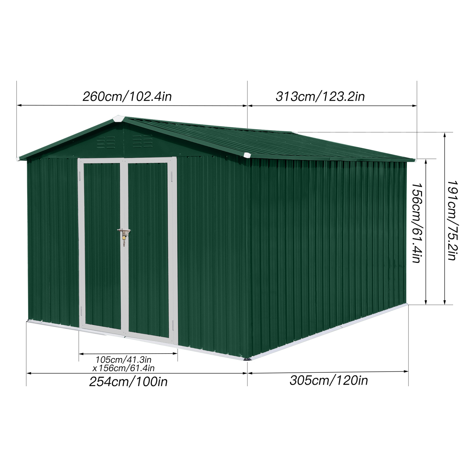 LoLado 10x8 FT Outdoor Metal Storage Sheds, Garden Sheds Waterproof with Lockable Doors, for Backyard, Lawn, Green+White