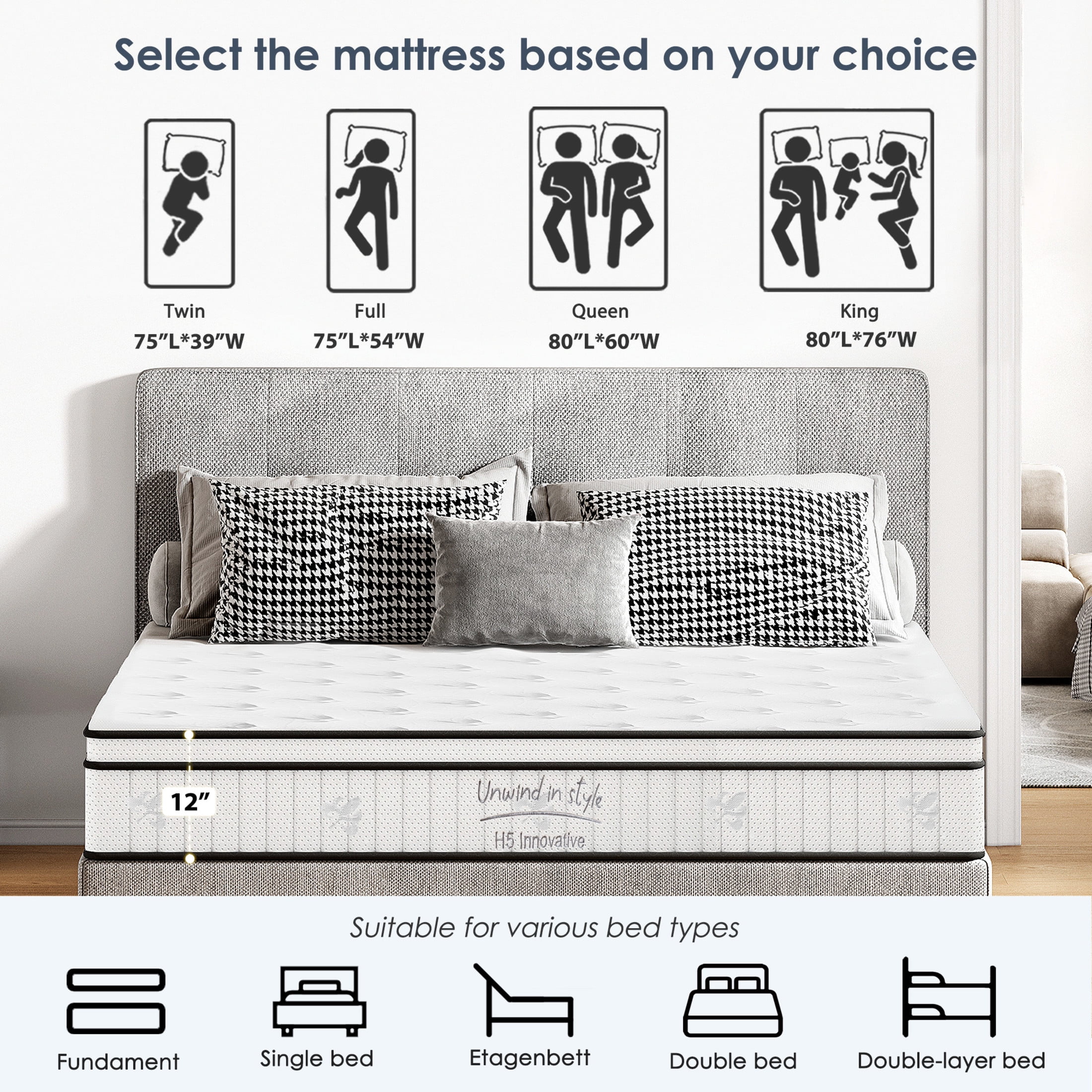 Noble House Queen 12" Hybrid Mattress, Pocketed Innerspring Memory Foam Mattress, Medium Firm, White