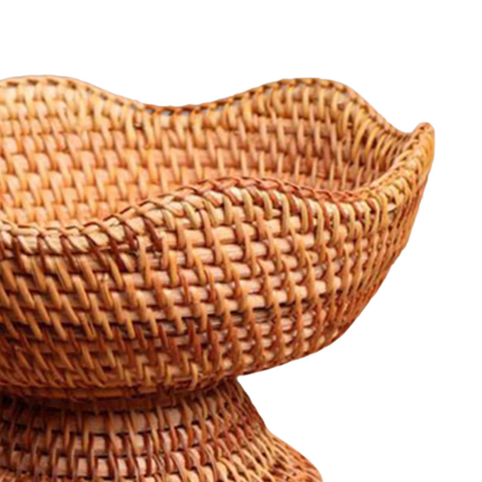 Woven Fruit Basket, Footed Fruit Basket, Table Centerpiece, Rattan Fruit Bowl, Food Snack Serving Basket for Makeup, Countertop Sundries Bathroom small
