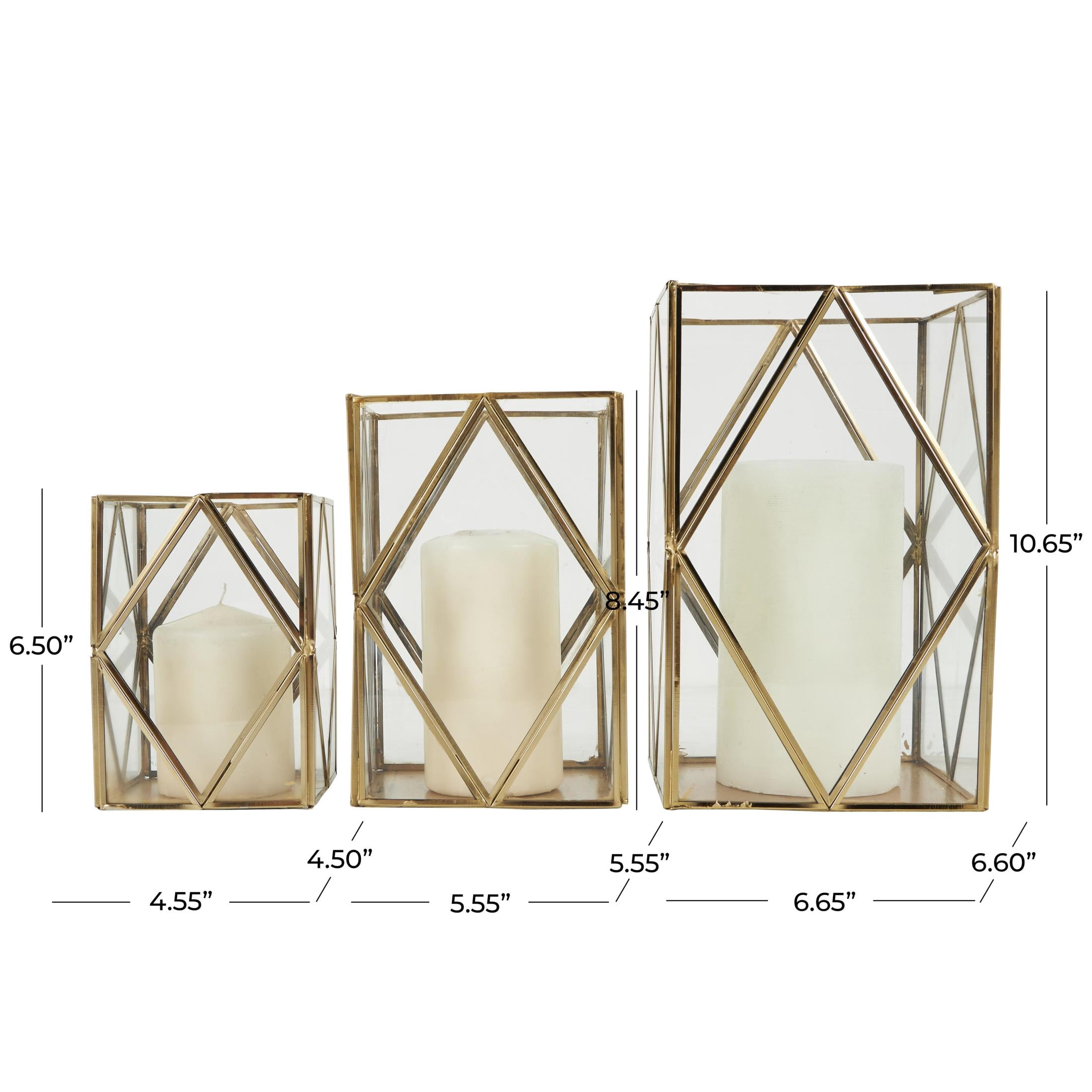 CosmoLiving by Cosmopolitan 3 Holder Gold Metal Geometric Diamond Patterned Rectangular Candle Lantern, Set of 3