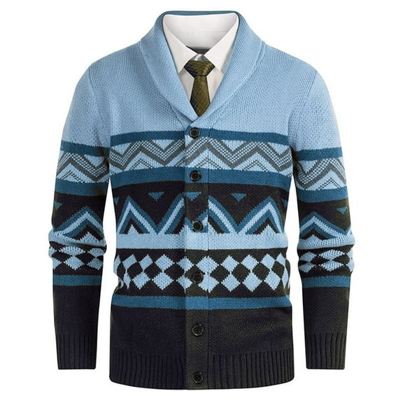Men's Knitted Cardigan Sweater Shawl Collar Long Sleeve Sweaters Color Block Tops Heavy Weight Fall Winter Outfits Sky Blue 3XL