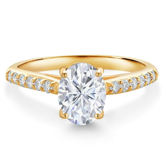 Gem Stone King 10K Yellow Gold White Moissanite and White Lab Grown Diamond Engagement Ring for Women (1.68 Cttw, Oval 8X6MM, Gemstone Birthstone, Size 6)