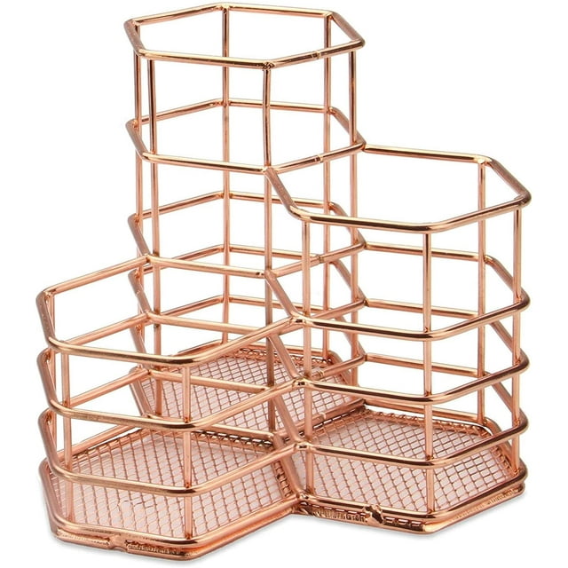 Portavasos hexagonal de metal Zhivalor organizador de brochas de maquillaje oro rosa